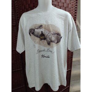Vintage 90s Beach Bum Cat T Shirt Tabby Tan Sunscreen Adult XL Florida